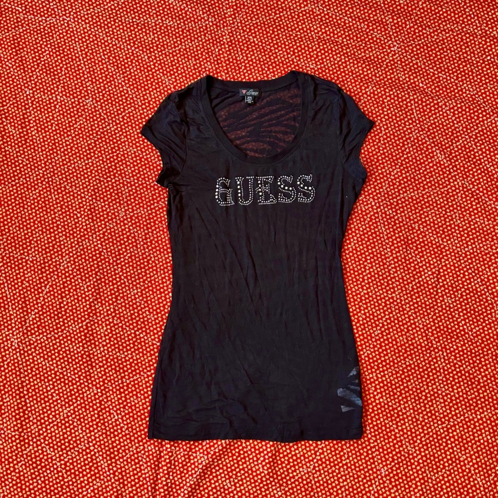 Guess Black 2000s sheer leopard print Rhinestone Logo Graphic T-Shirt Medium